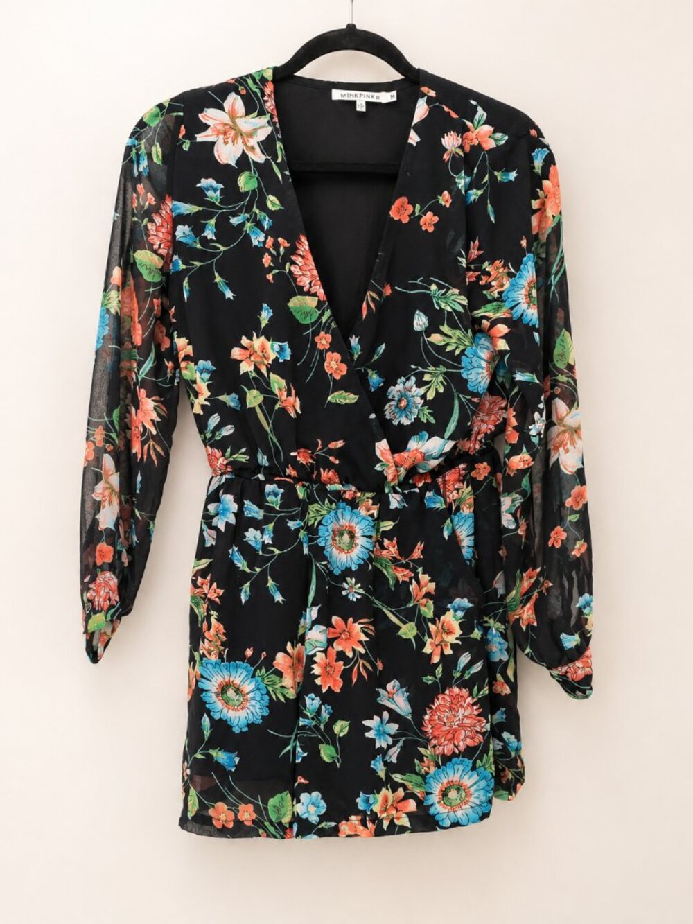 Black Floral Long Sleeve Wrap Romper with Pockets